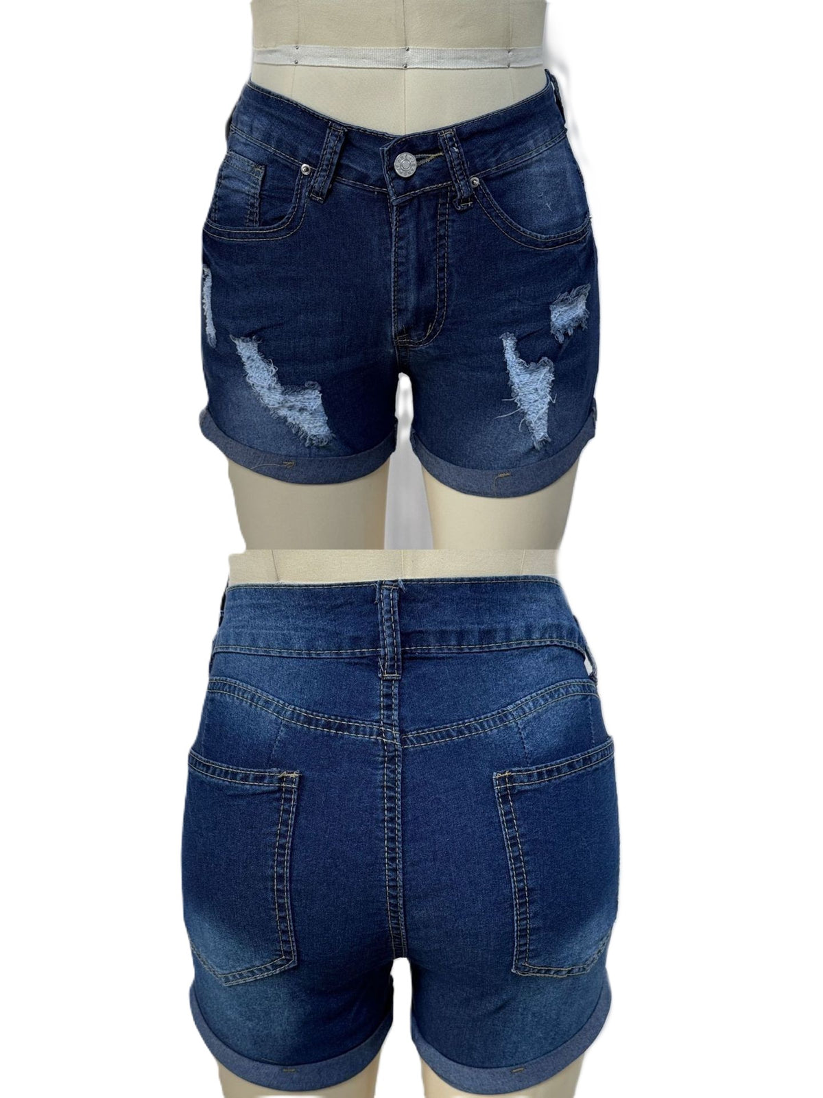 Distressed Cuffed Hem Denim Shorts - DarkBlue - 1