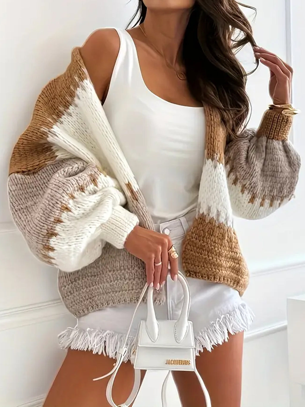 Chunky Colorblock Balloon Sleeve Cardigan - Khaki