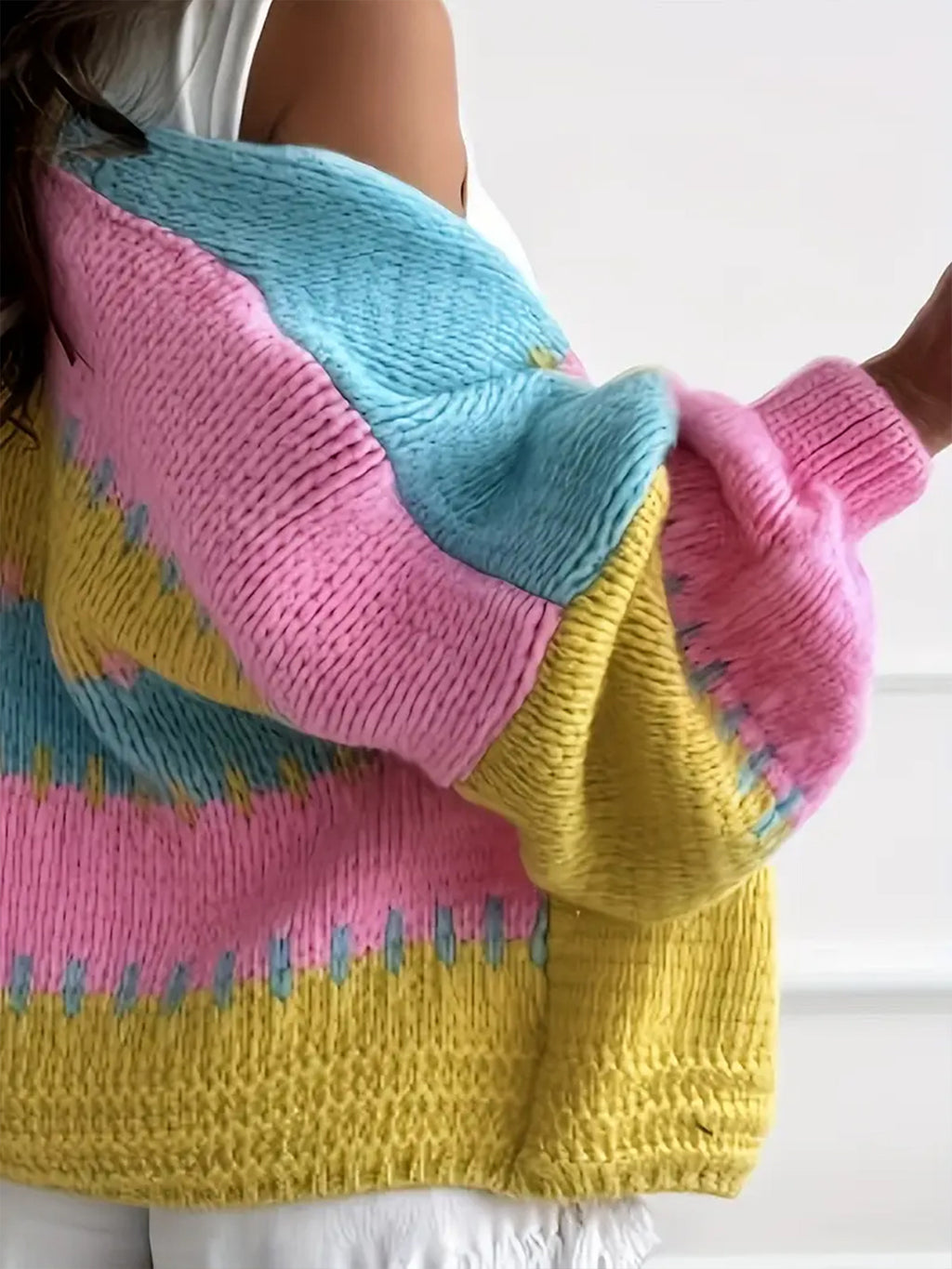 Chunky Colorblock Balloon Sleeve Cardigan - view 4