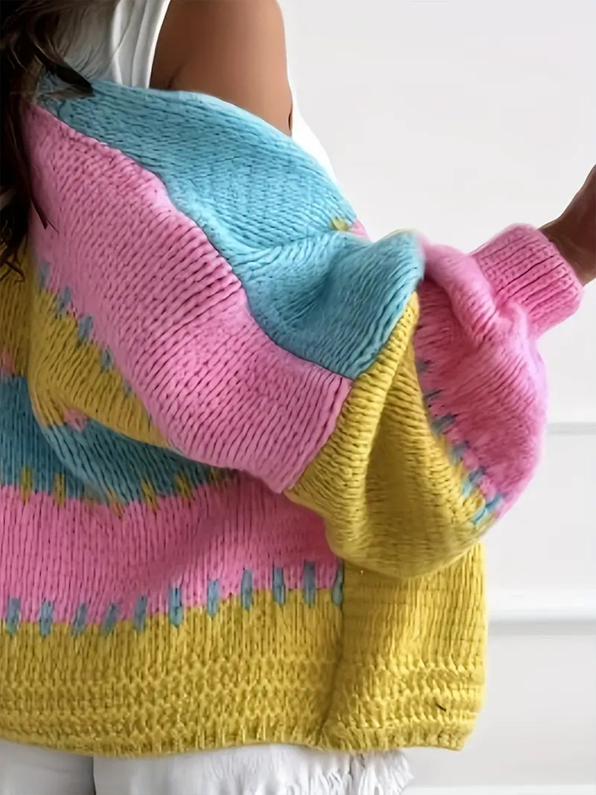 Chunky Colorblock Balloon Sleeve Cardigan - view 4