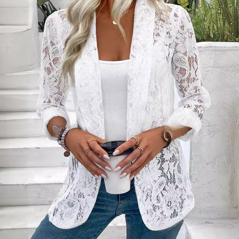 Romantic Floral Lace Hollow-Cut Sheer Open Cardigan - White