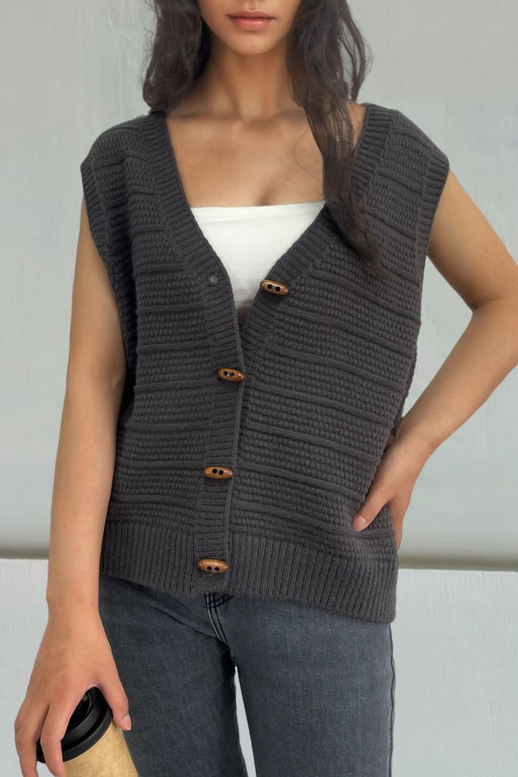 Chunky Ribbed V Neck Knit Vest - charcoal