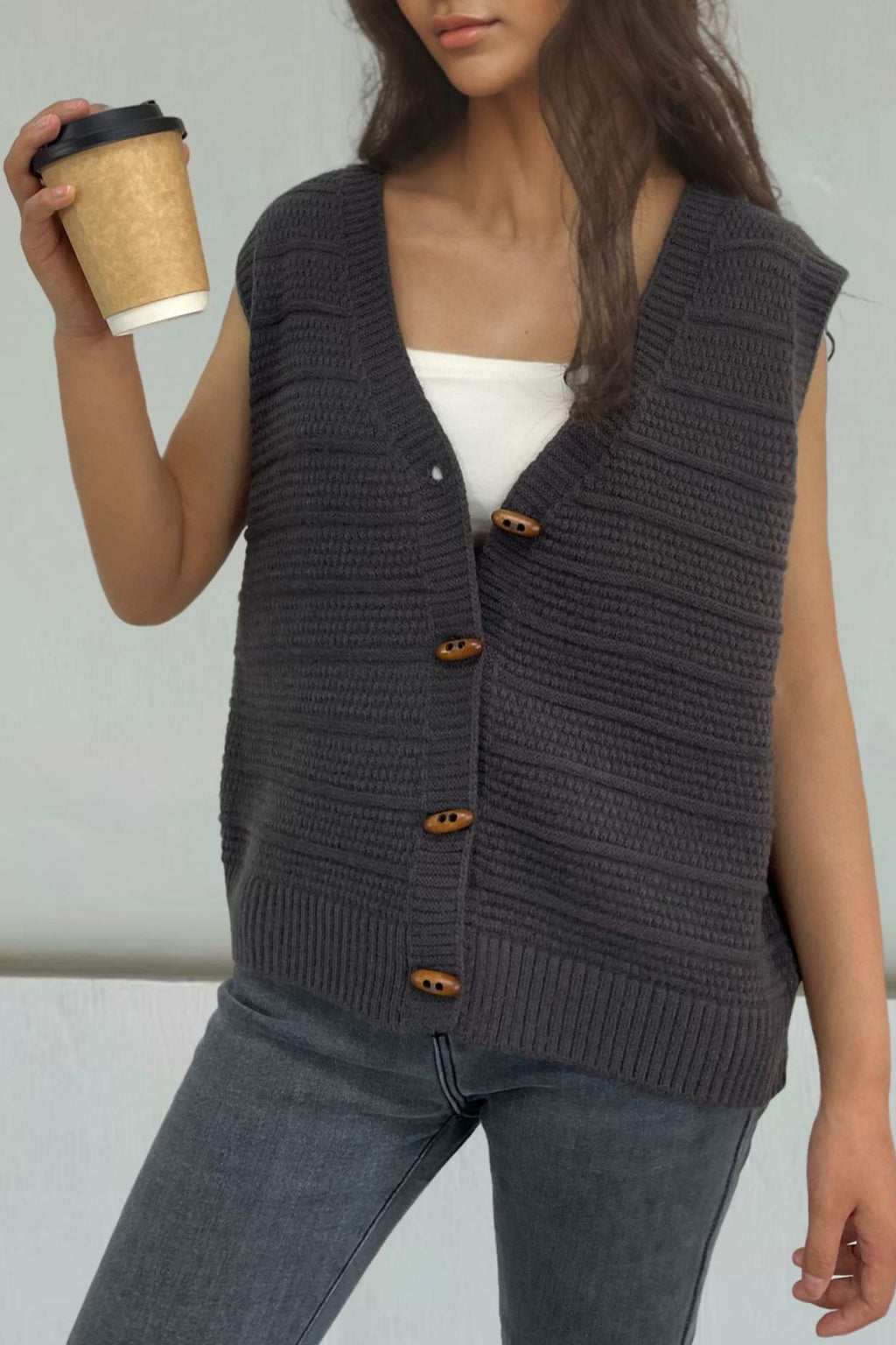 Chunky Ribbed V Neck Knit Vest - charcoal - 1