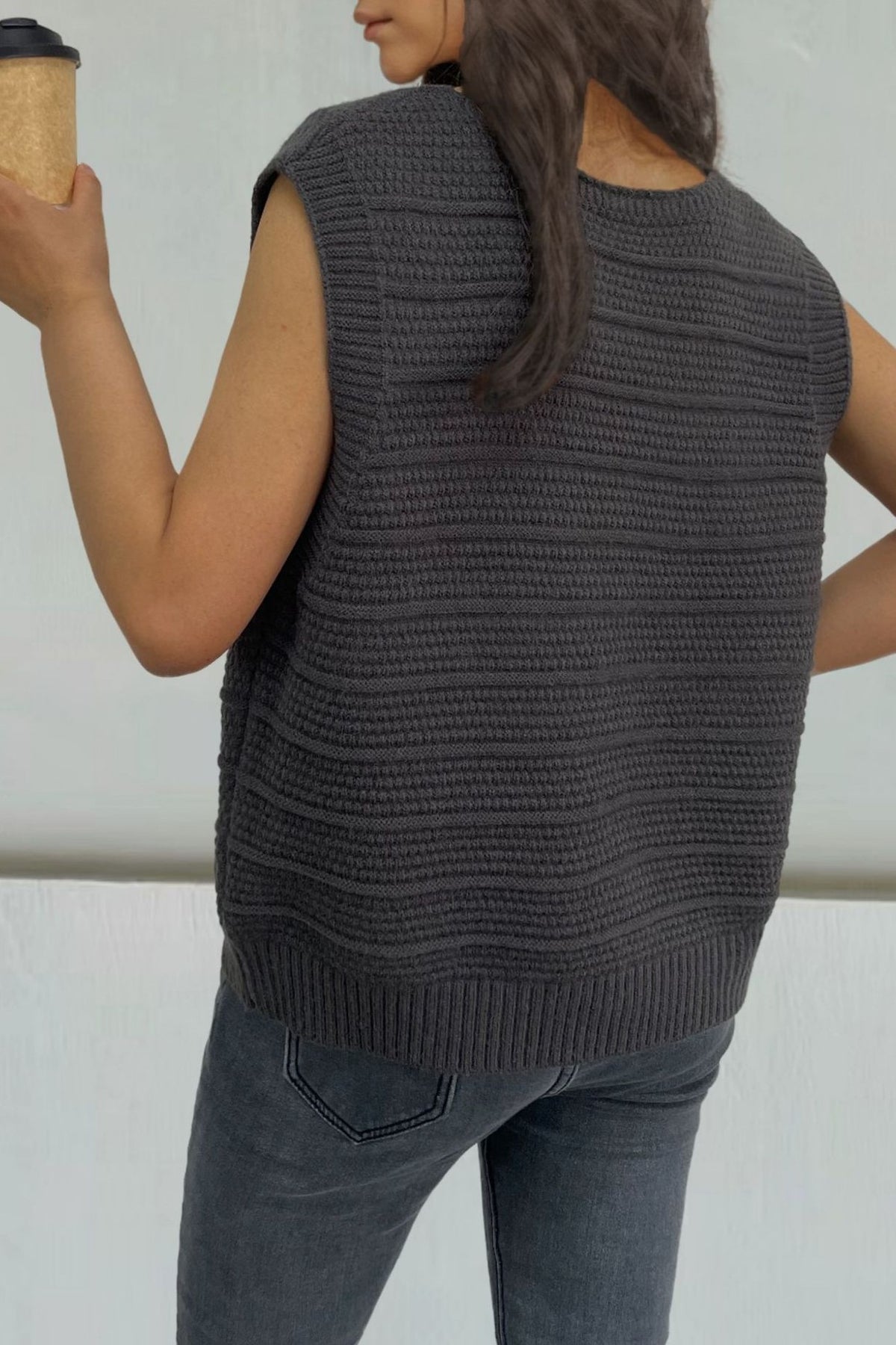 Chunky Ribbed V Neck Knit Vest - charcoal - 2