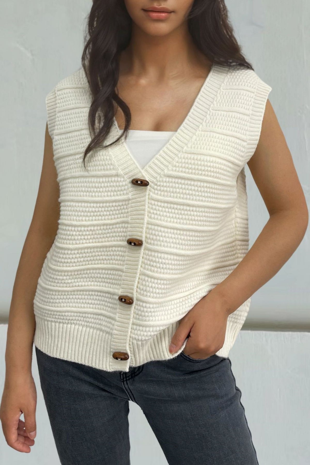 Chunky Ribbed V Neck Knit Vest - offwhite