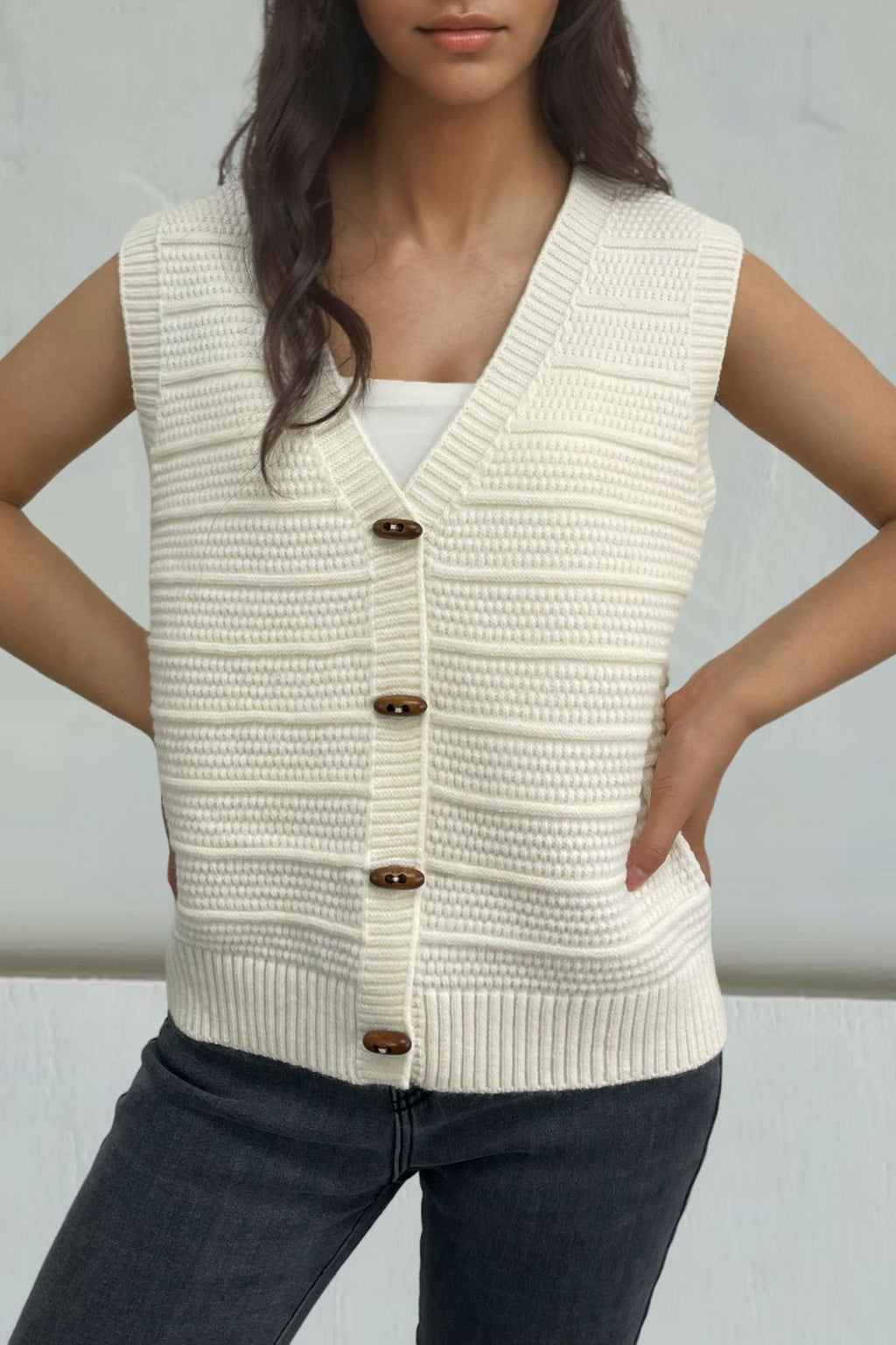 Chunky Ribbed V Neck Knit Vest - offwhite - 1