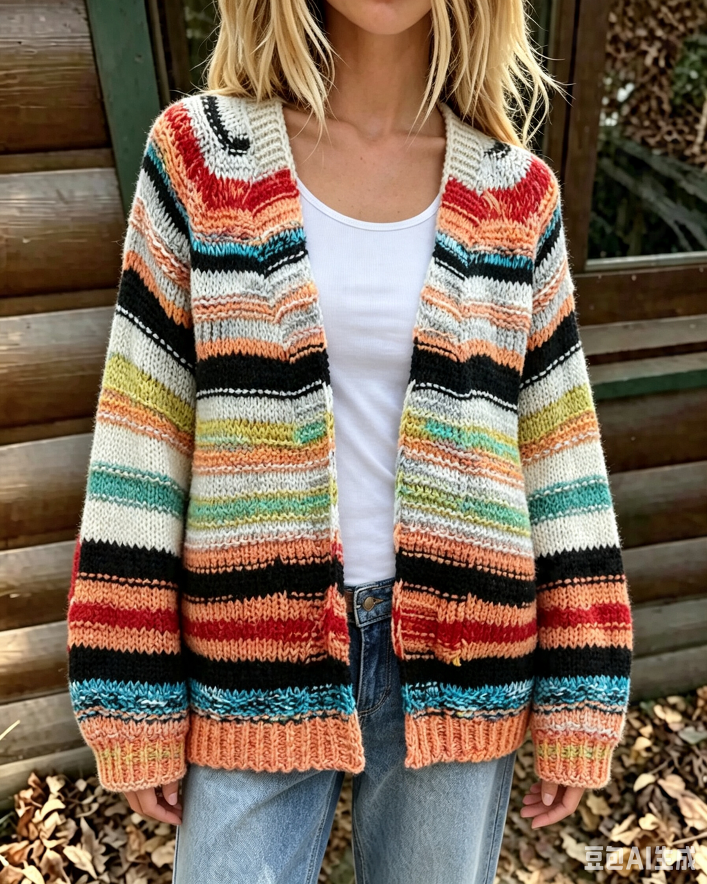 Multi Stripe Open Front Chunky Knit Cardigan - Rainbow