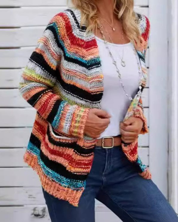 Multi Stripe Open Front Chunky Knit Cardigan - Rainbow - 1
