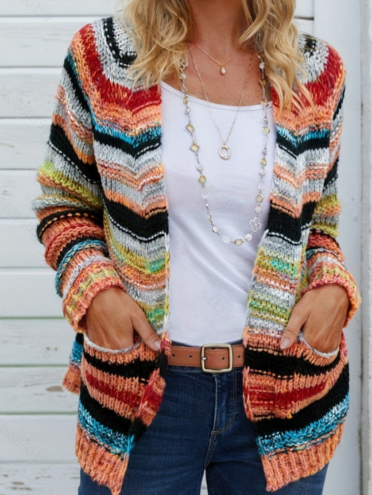Multi Stripe Open Front Chunky Knit Cardigan - Rainbow - 2