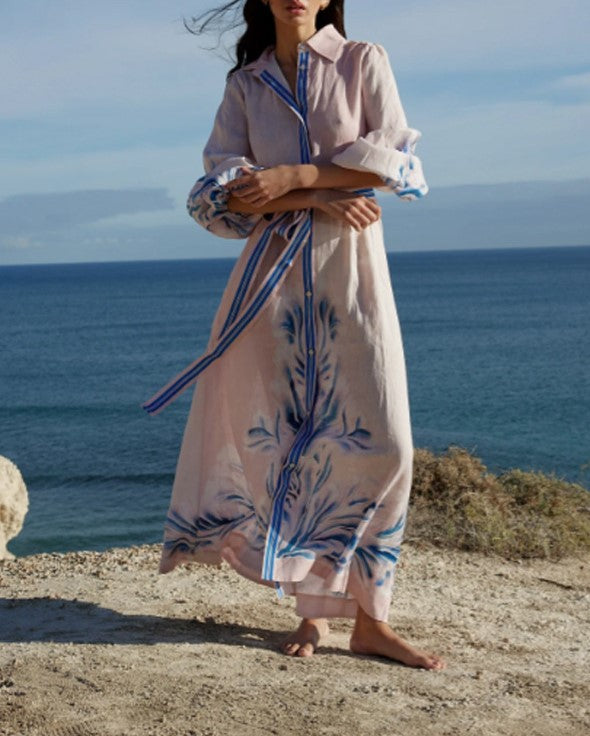 Botanical Stripe Sheer Kaftan Shirt Dress - White