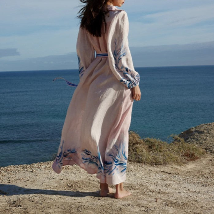 Botanical Stripe Sheer Kaftan Shirt Dress - White - 1