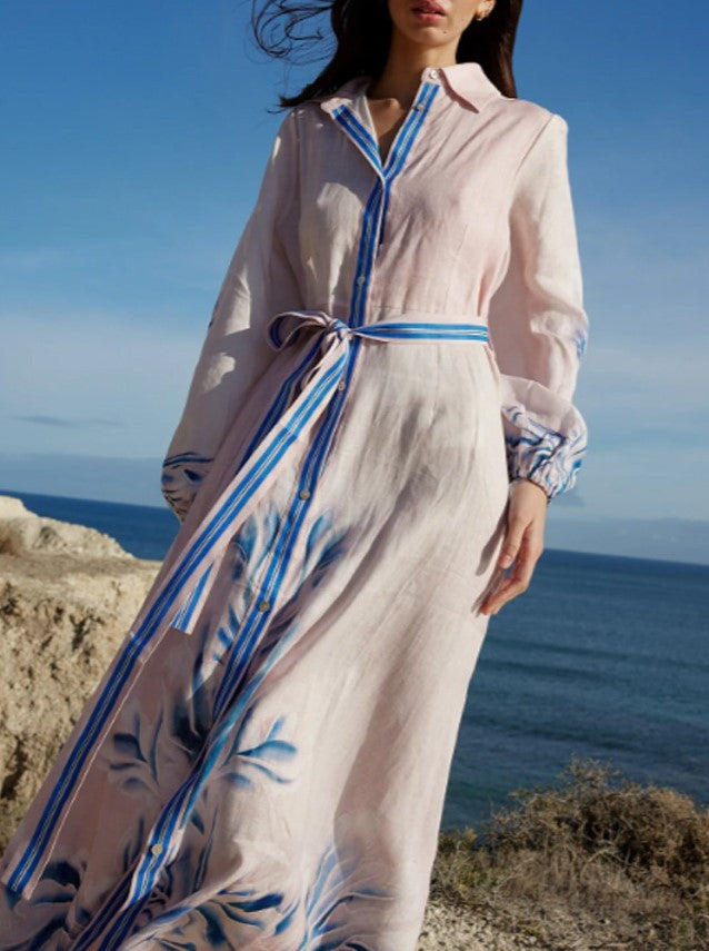 Botanical Stripe Sheer Kaftan Shirt Dress - White - 2