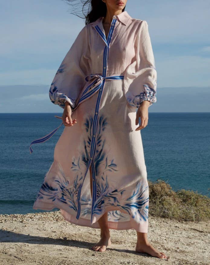Botanical Stripe Sheer Kaftan Shirt Dress