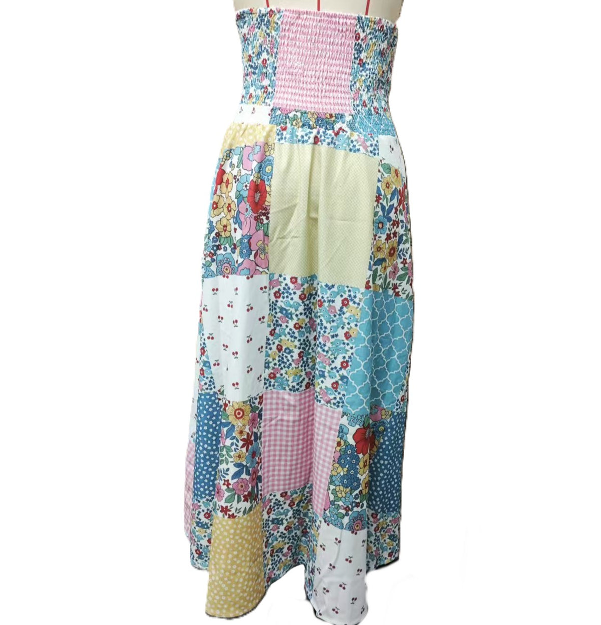 Floral Patchwork Smocked Waist Maxi Skirt - Blue - 1