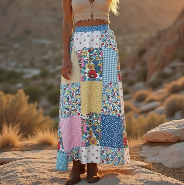 Floral Patchwork Smocked Waist Maxi Skirt
