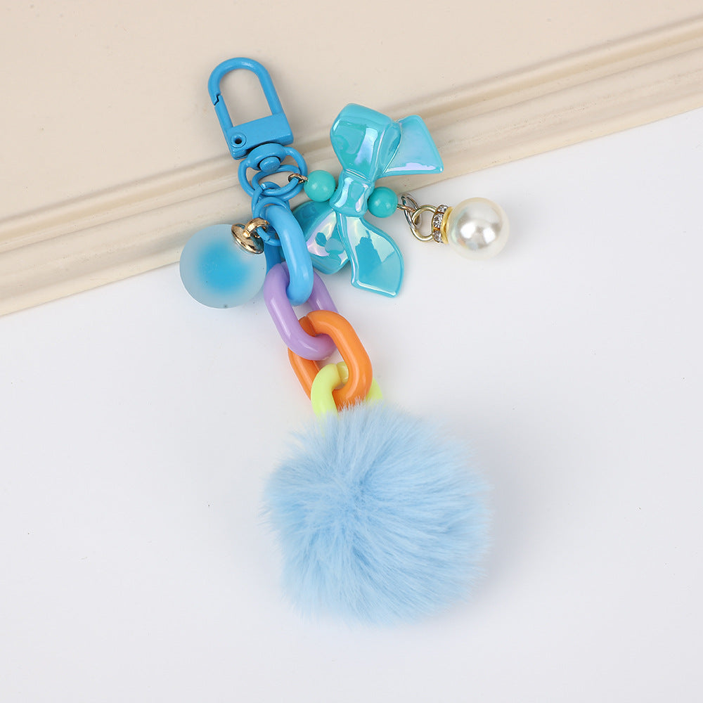 Bow Charm Fuzzy Pom Pom Keychain - Blue