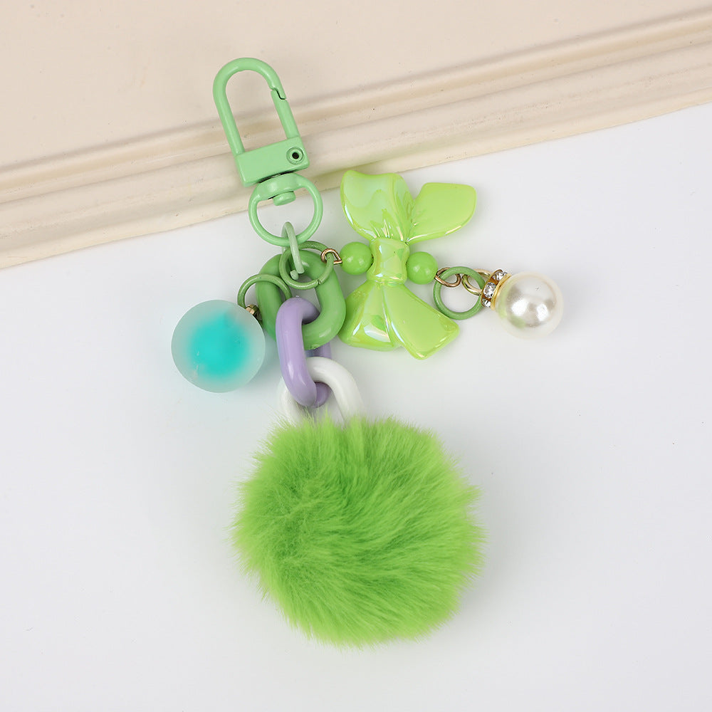Bow Charm Fuzzy Pom Pom Keychain - Green