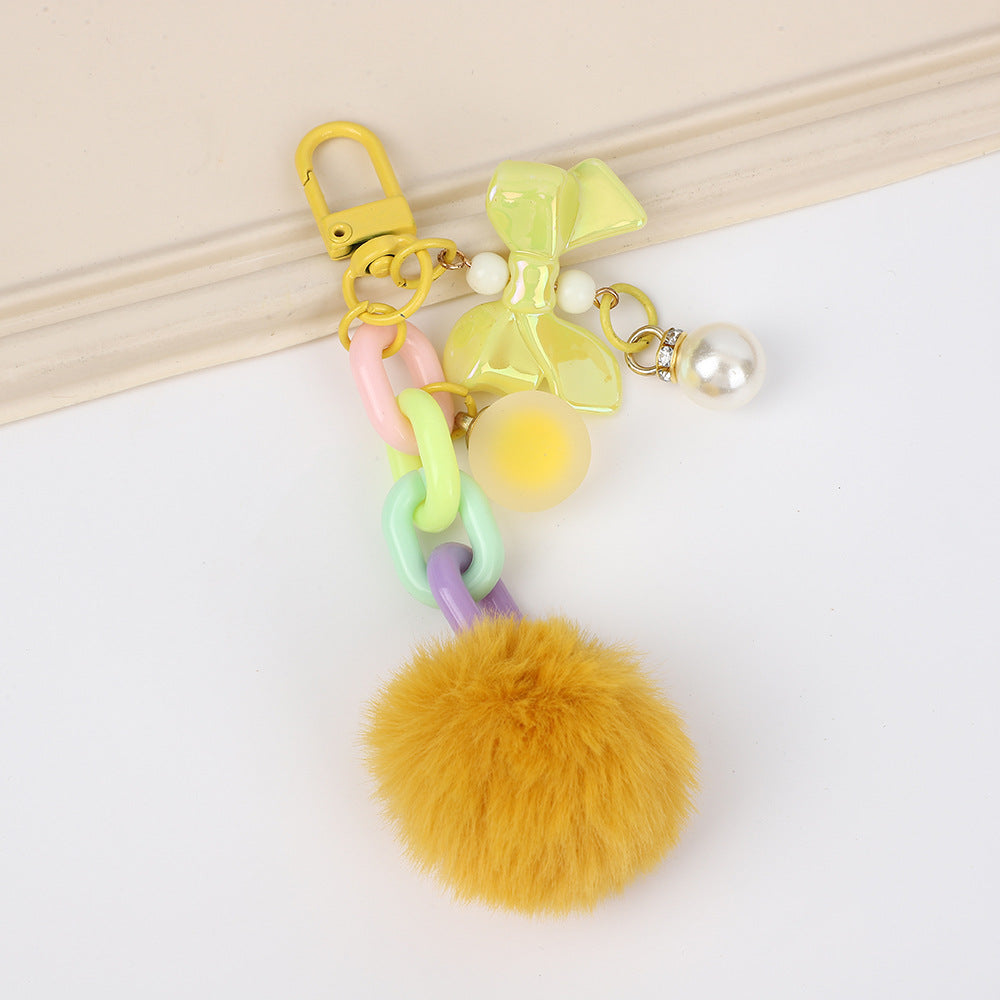 Bow Charm Fuzzy Pom Pom Keychain - Orange