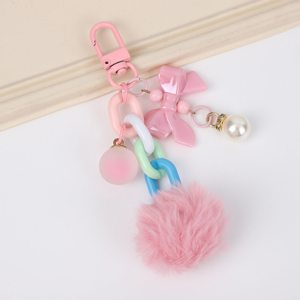 Bow Charm Fuzzy Pom Pom Keychain - Pink