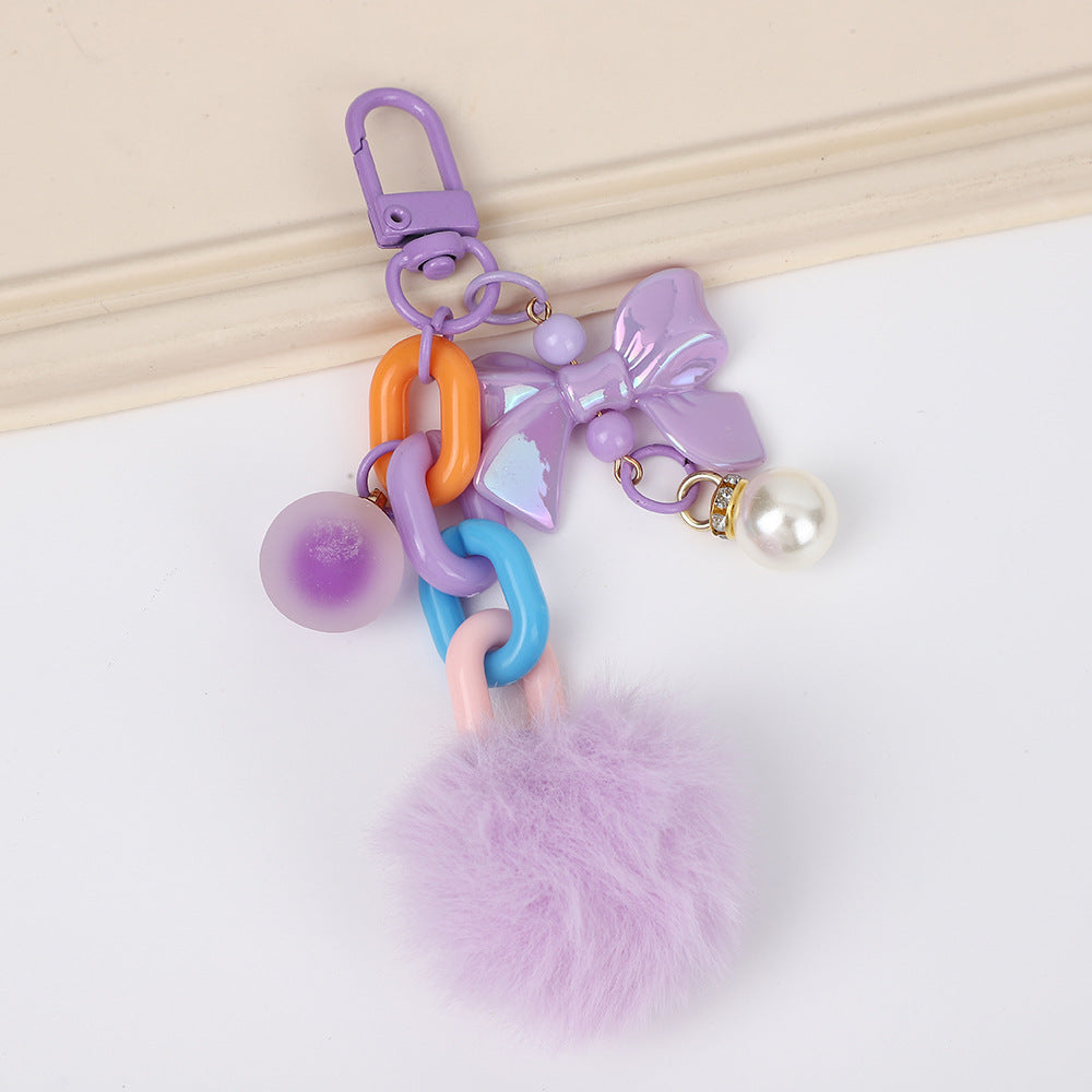 Bow Charm Fuzzy Pom Pom Keychain - Purple