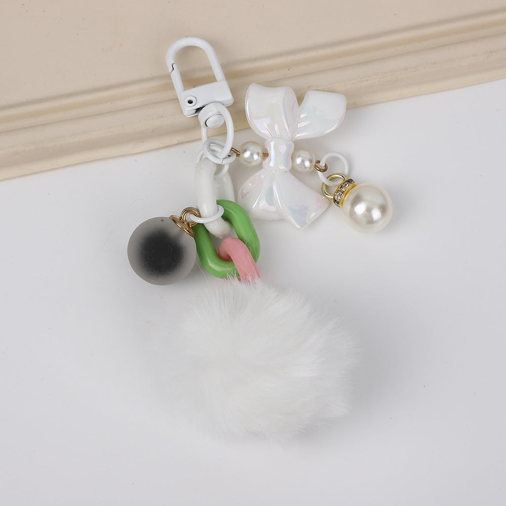 Bow Charm Fuzzy Pom Pom Keychain - White