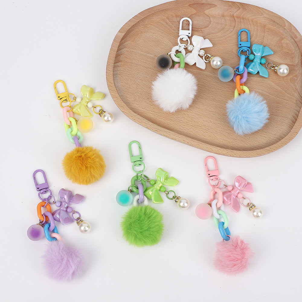 Bow Charm Fuzzy Pom Pom Keychain