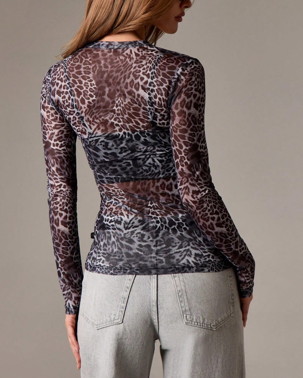 Leopard Print Sheer Mesh Long Sleeve Tee - Decor - 2