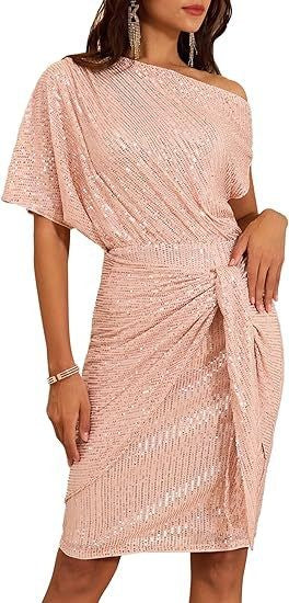 Sequin Off Shoulder Batwing Tie Waist Midi Dress - Blush Pink