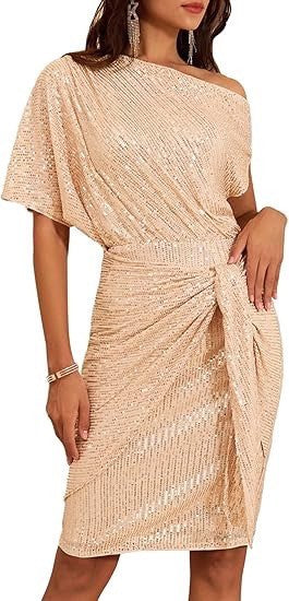 Sequin Off Shoulder Batwing Tie Waist Midi Dress - Champagne