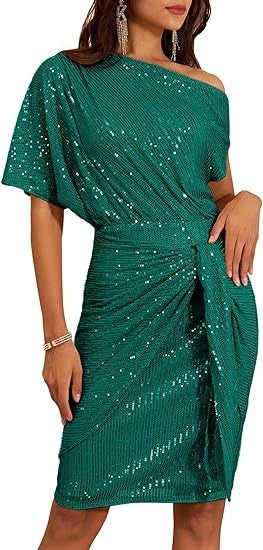 Sequin Off Shoulder Batwing Tie Waist Midi Dress - Emerald