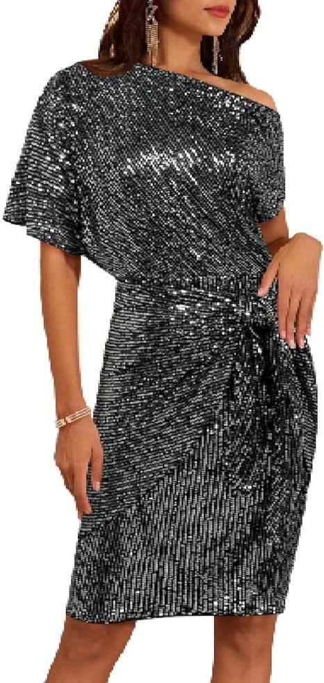Sequin Off Shoulder Batwing Tie Waist Midi Dress - Gunmetal
