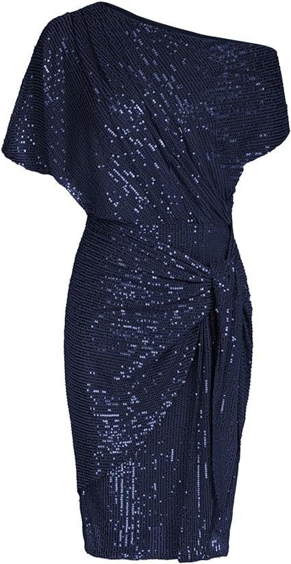 Sequin Off Shoulder Batwing Tie Waist Midi Dress - Navy