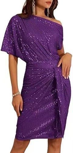 Sequin Off Shoulder Batwing Tie Waist Midi Dress - Purple