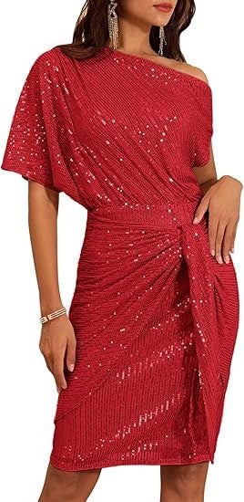 Sequin Off Shoulder Batwing Tie Waist Midi Dress - Red