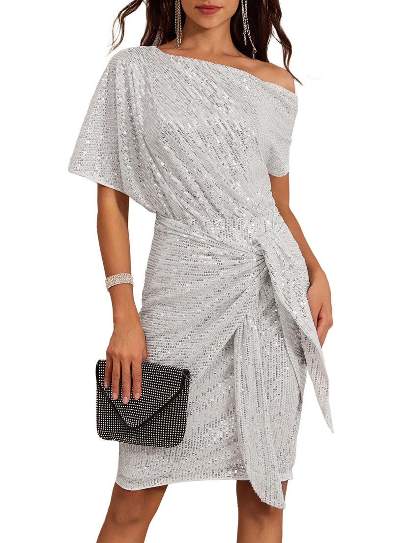 Sequin Off Shoulder Batwing Tie Waist Midi Dress - Silver White