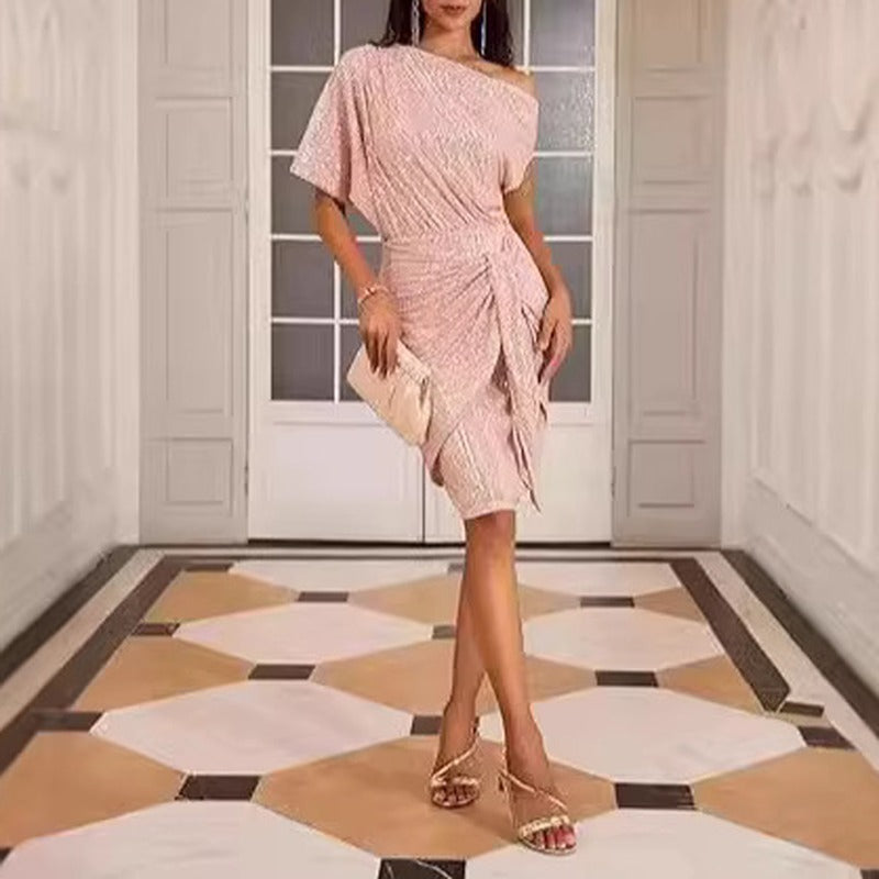 Sequin Off Shoulder Batwing Tie Waist Midi Dress