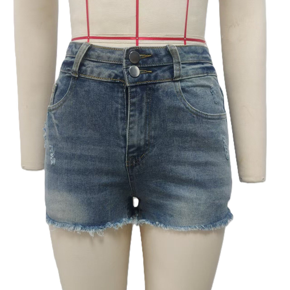 Raw Hem High Rise Distressed Denim Shorts - Blue