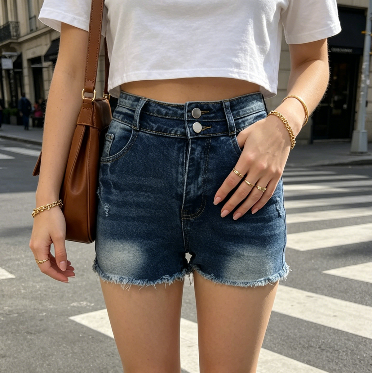 Raw Hem High Rise Distressed Denim Shorts - DarkBlue