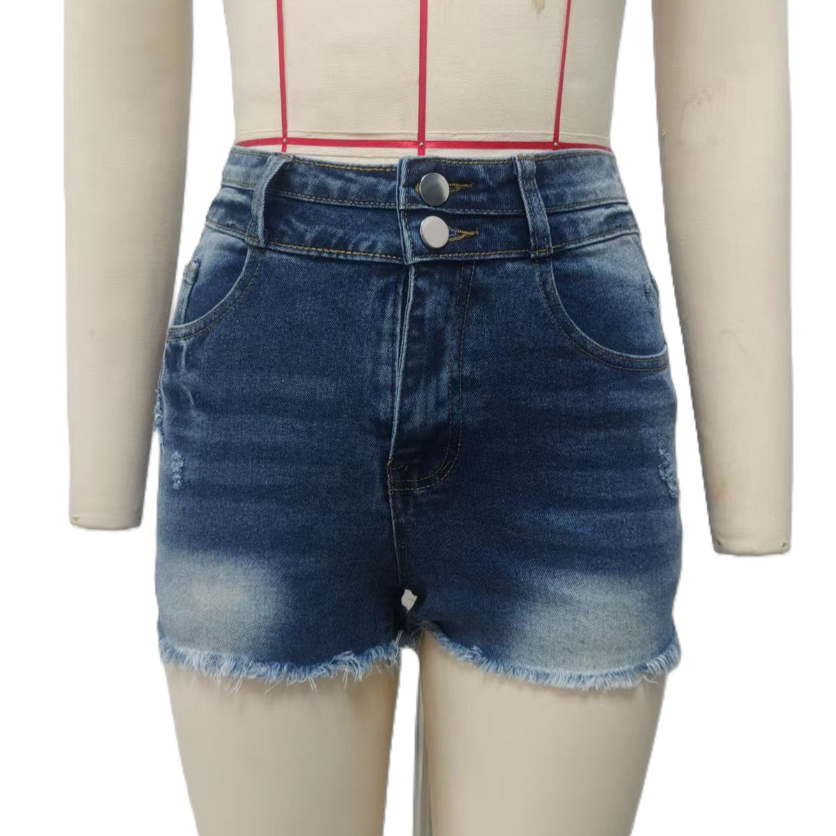 Raw Hem High Rise Distressed Denim Shorts - DarkBlue - 1