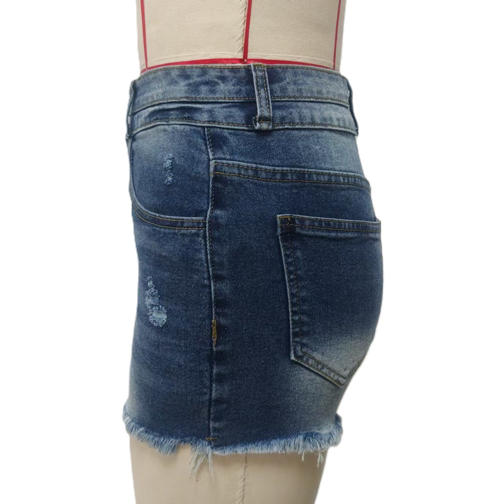 Raw Hem High Rise Distressed Denim Shorts - DarkBlue - 2