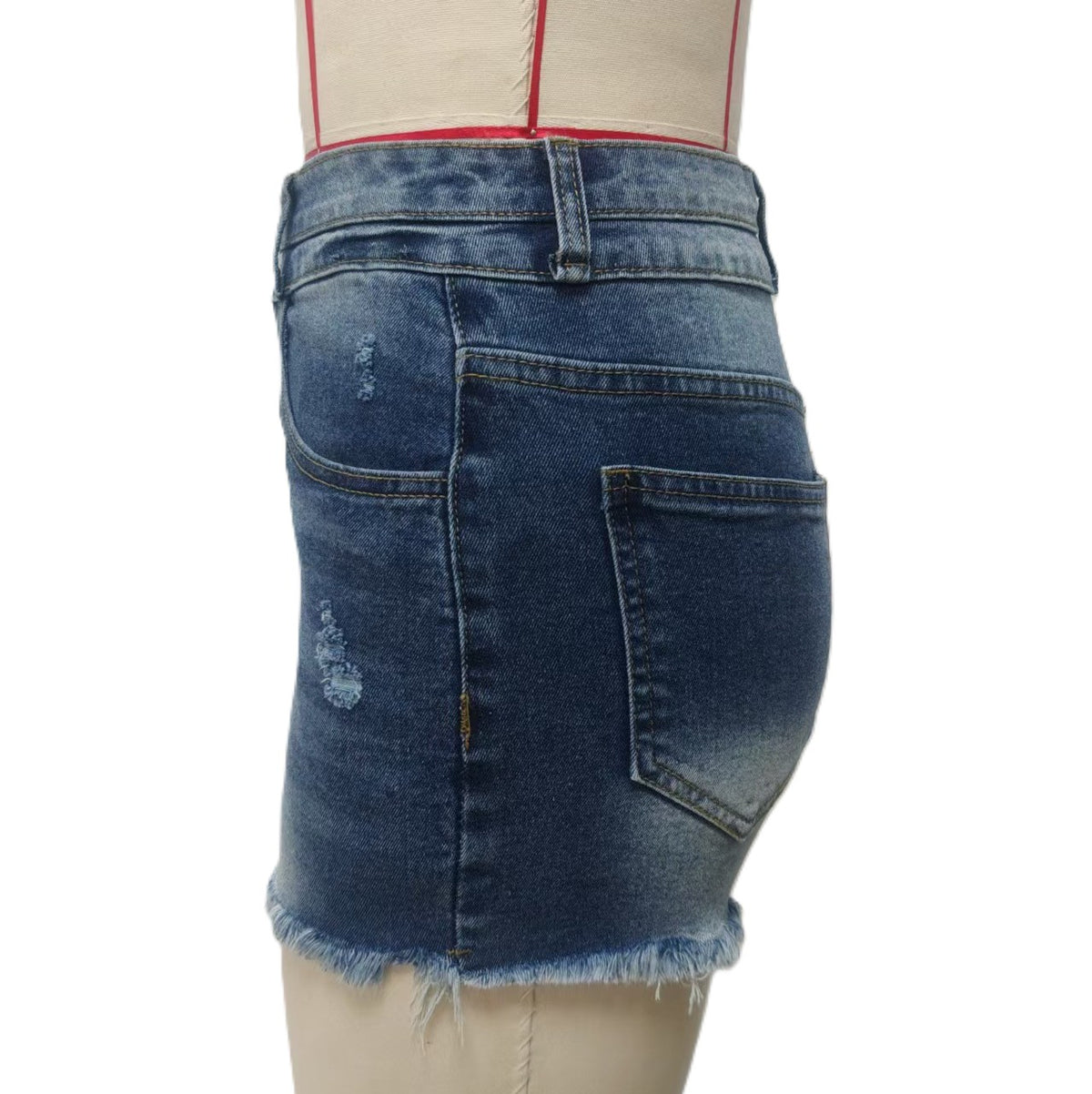 Raw Hem High Rise Distressed Denim Shorts - DarkBlue - 2