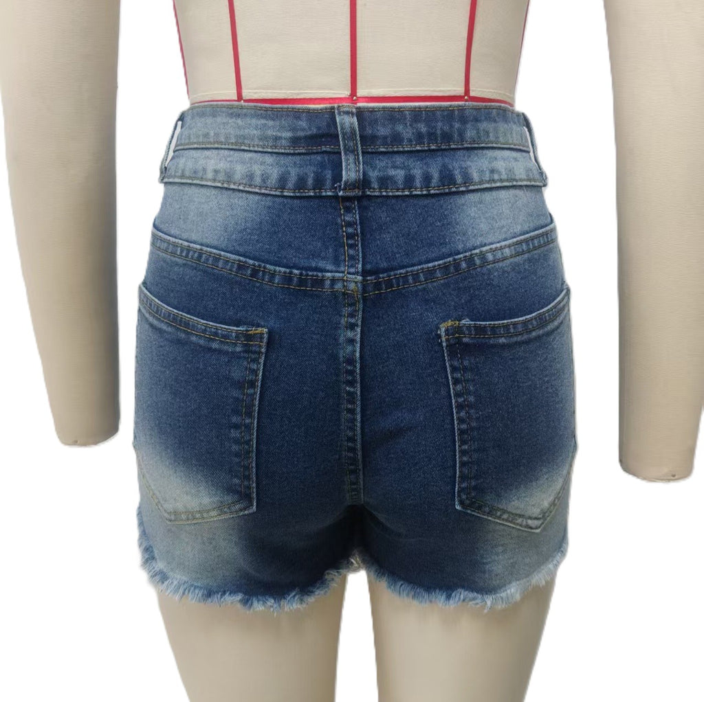 Raw Hem High Rise Distressed Denim Shorts - DarkBlue - 3