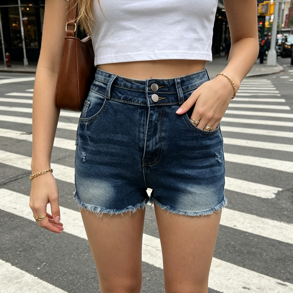 Raw Hem High Rise Distressed Denim Shorts - DarkBlue - 4
