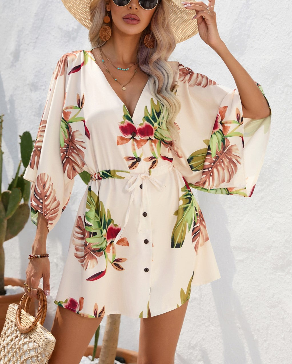 Kimono Sleeve Drawstring Waist Mini Dress - Apricot - 2