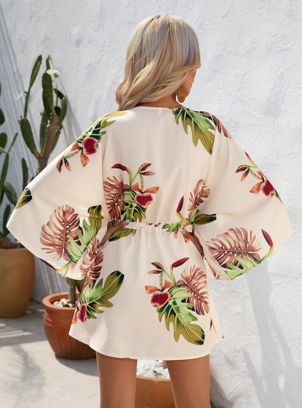 Kimono Sleeve Drawstring Waist Mini Dress - Apricot - 3