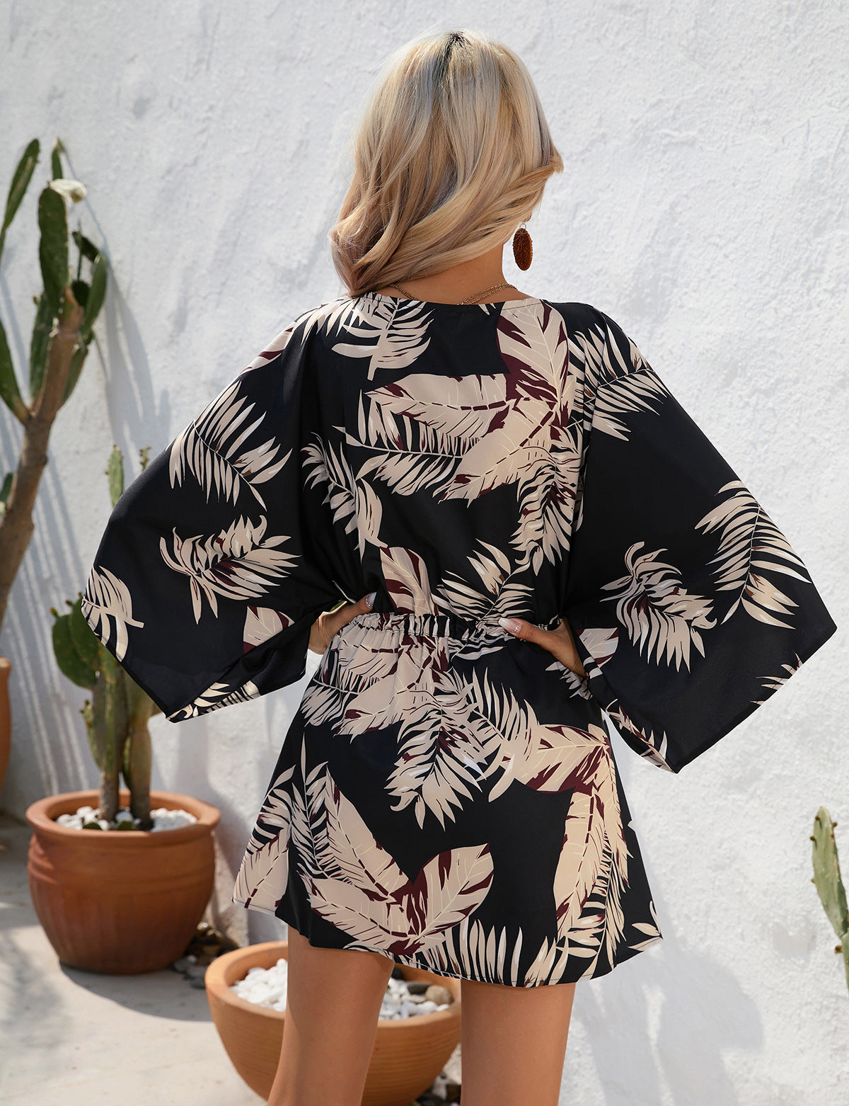 Kimono Sleeve Drawstring Waist Mini Dress - Black - 3