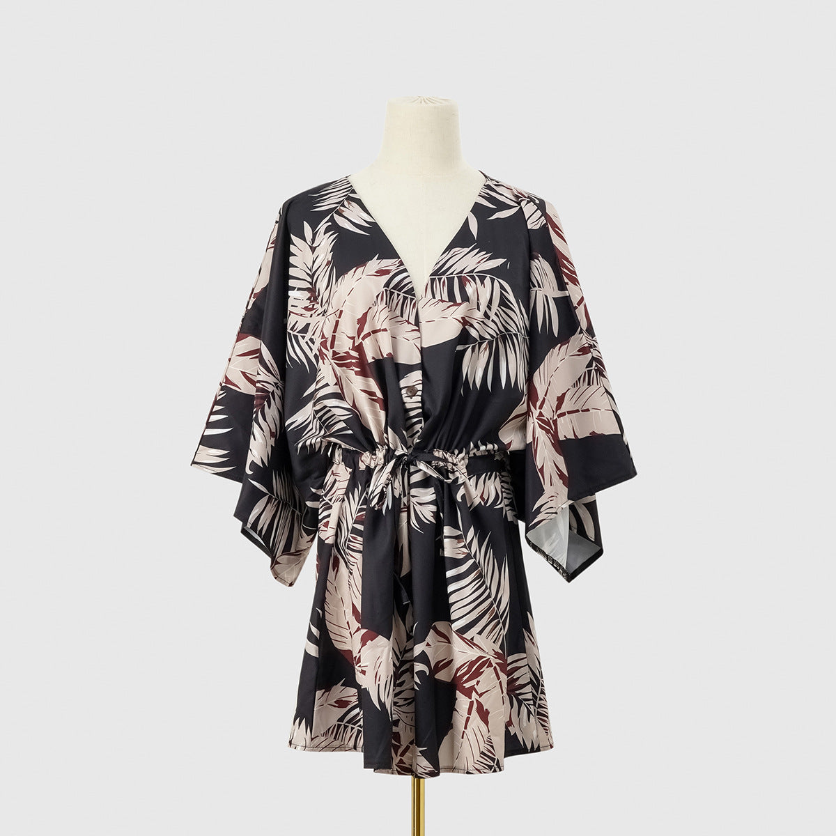 Kimono Sleeve Drawstring Waist Mini Dress - Black - 4