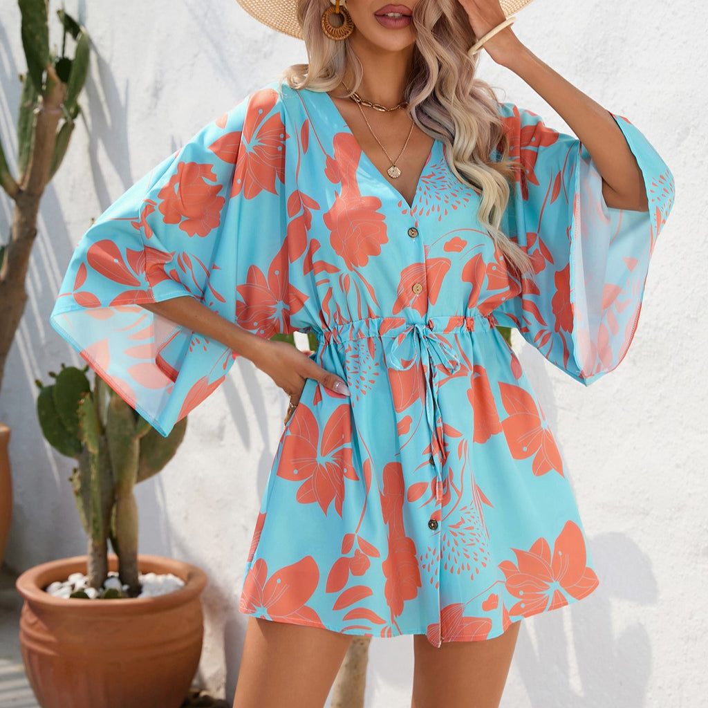 Kimono Sleeve Drawstring Waist Mini Dress - Blue
