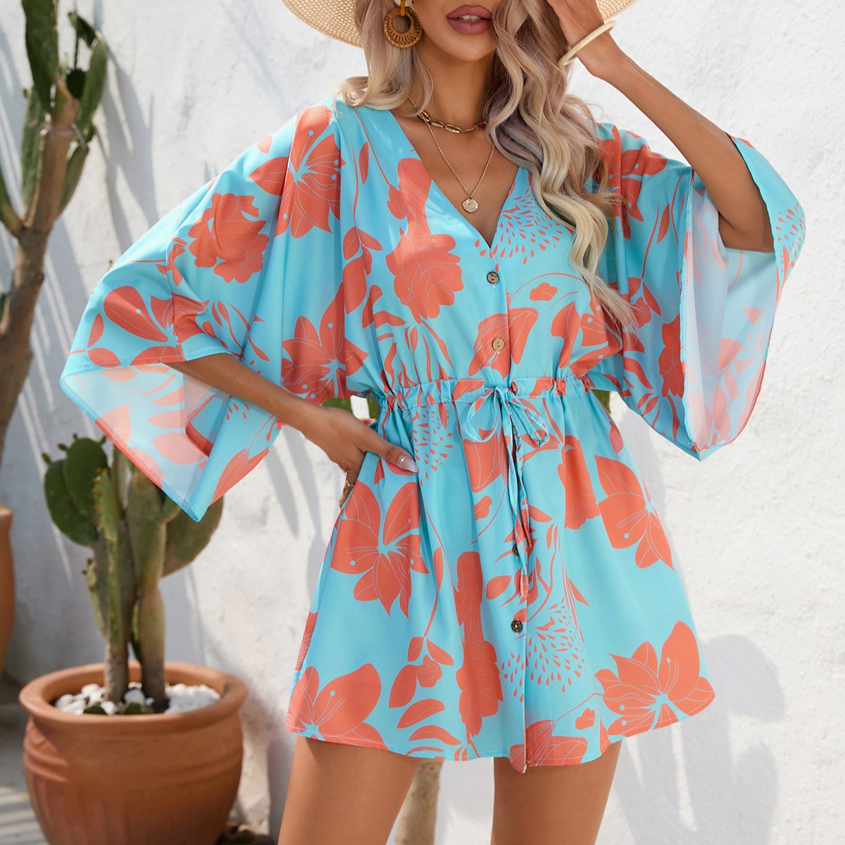Kimono Sleeve Drawstring Waist Mini Dress - Blue