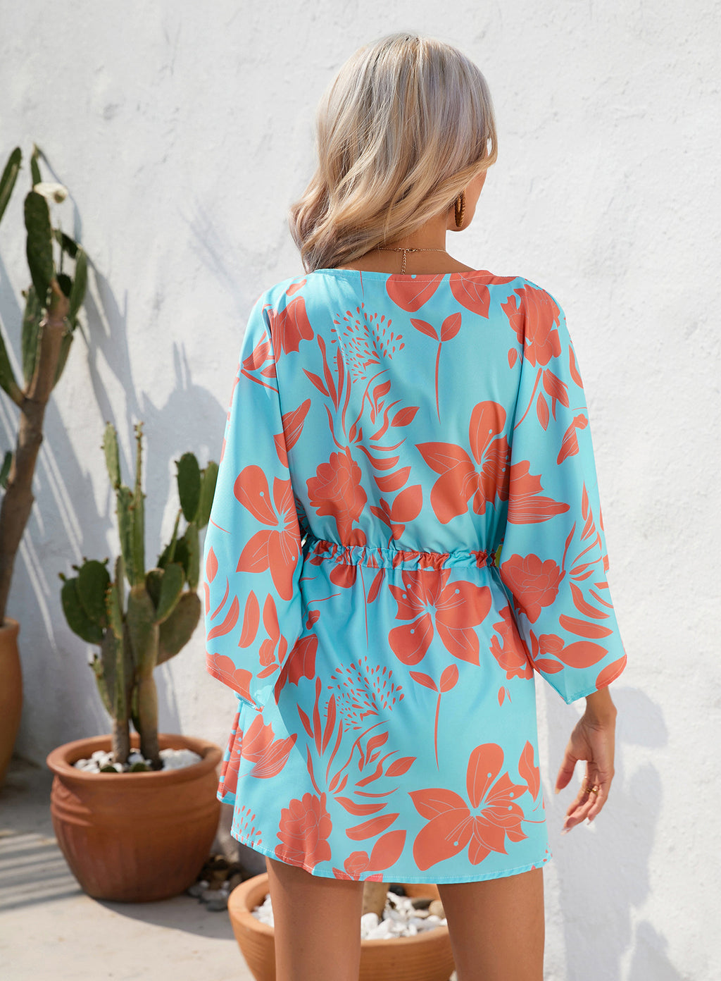 Kimono Sleeve Drawstring Waist Mini Dress - Blue - 1